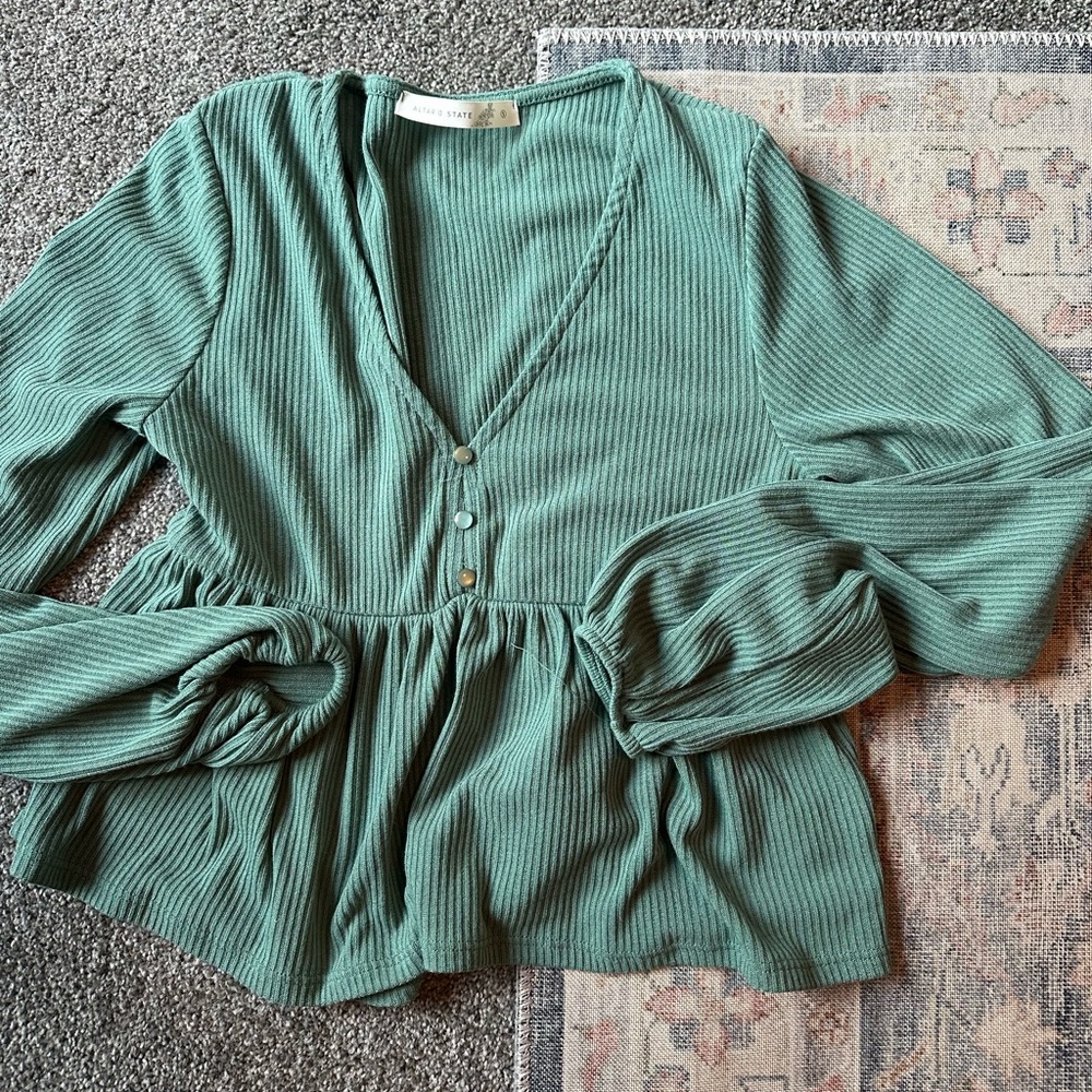Altar'd State Teal Ribbed V-Neck Blouse